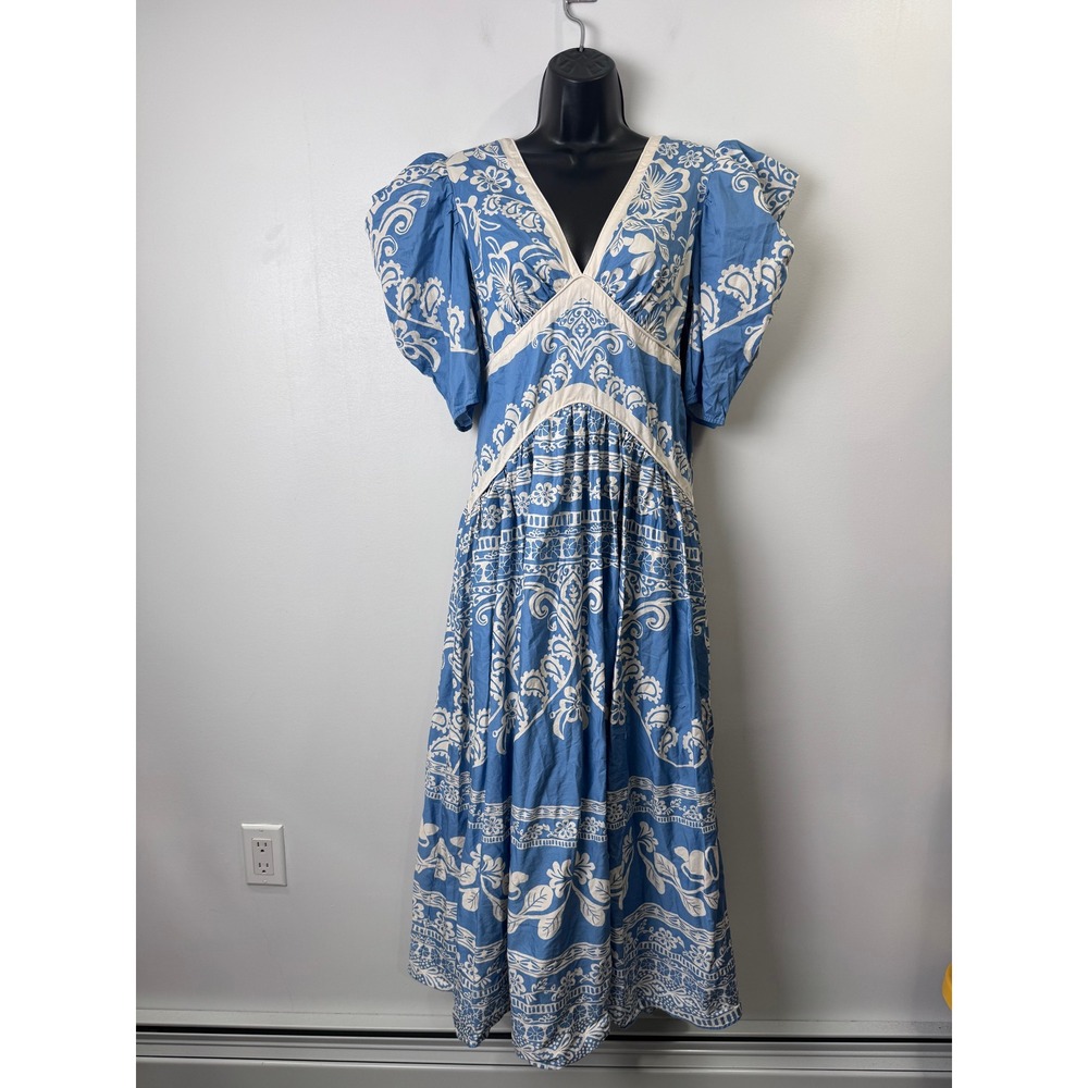 Farm Rio Printed V Neck Puff-Sleeve Maxi Dress Blue Cottagecore XS